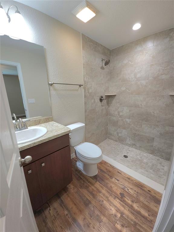 A bathroom features a wood-look floor, a vanity with a stone countertop, and a tiled shower — 13775 SW 43RD CIRCLE, OCALA, FL