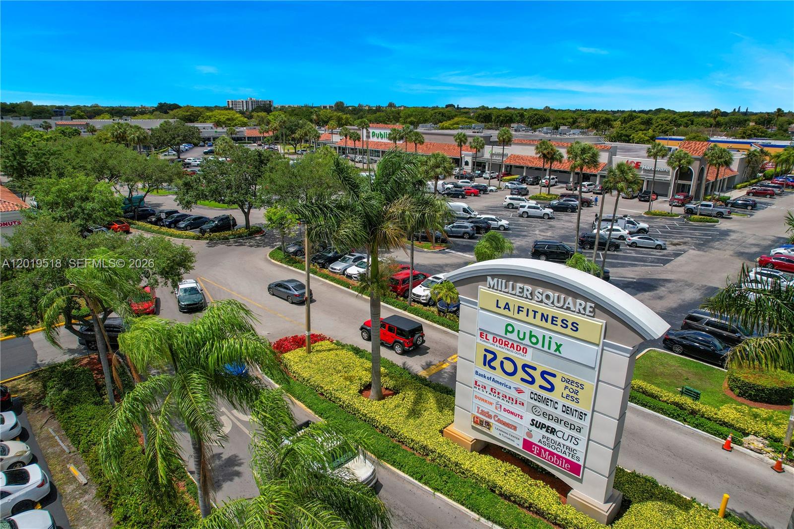 An aerial view shows a shopping center parking lot with a prominent Miller Square sign — 14245 SW 57th Ln # 5, Miami FL 33183, MIAMI, FL