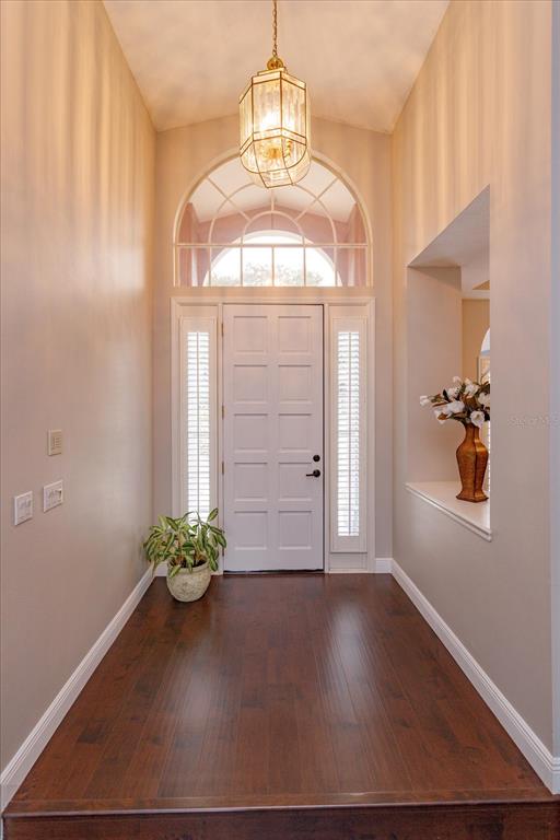 A foyer with dark wood floors, a white paneled door, and a hanging lantern light fixture — 2381 CHANTILLY TERRACE, OVIEDO, FL