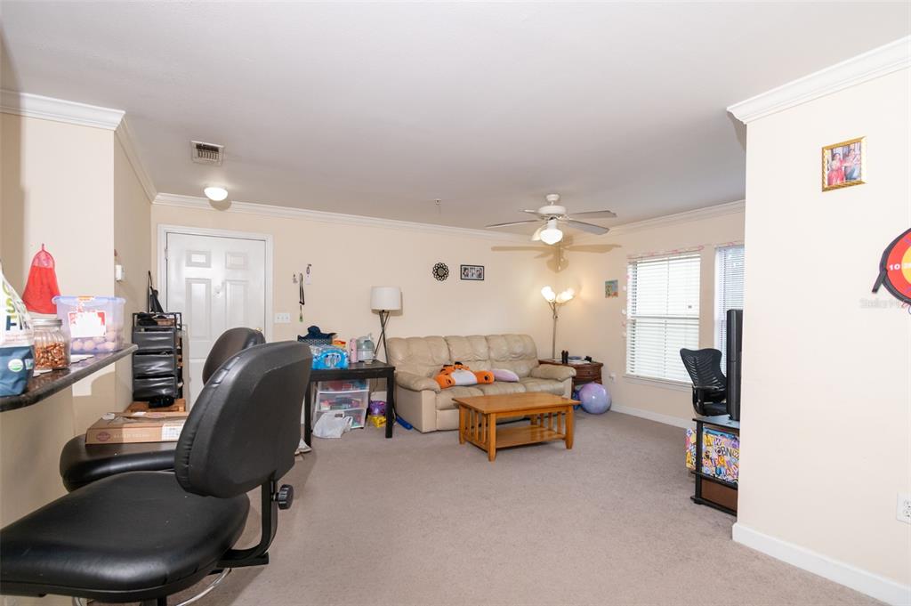 A living room with beige carpet, a tan sofa, a coffee table, and a ceiling fan — 18113 BRIDLE CLUB DRIVE, TAMPA, FL