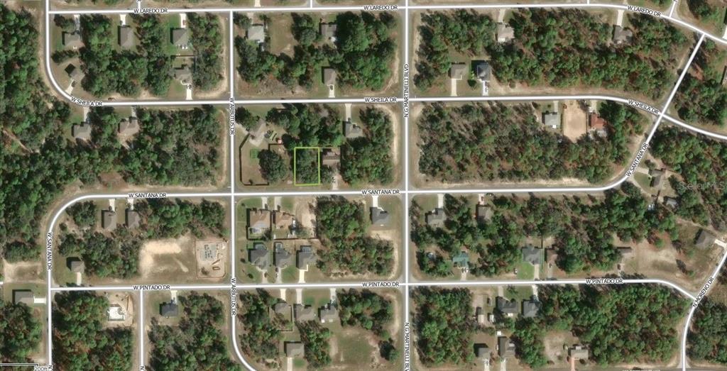 An aerial map view shows a residential lot highlighted in green within a wooded neighborhood — 2809 W SANTANA DRIVE, CITRUS SPRINGS, FL