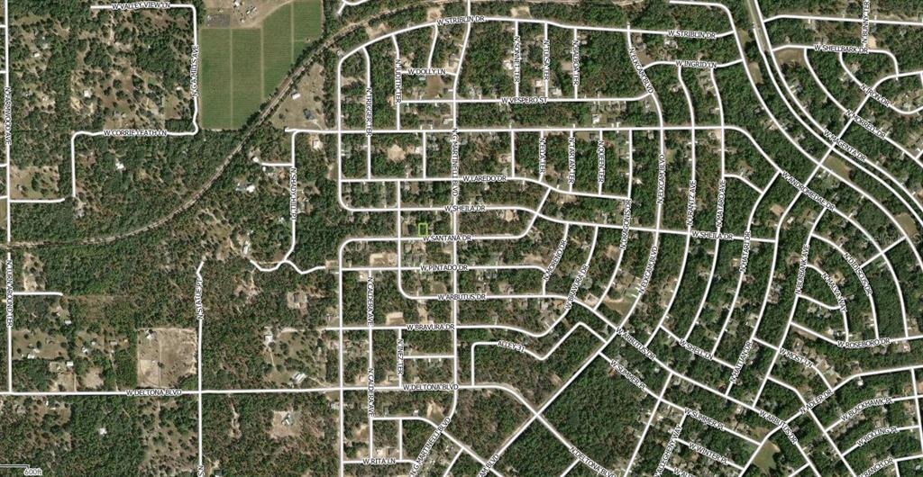 This is an aerial map view of a residential neighborhood with a highlighted property lot — 2809 W SANTANA DRIVE, CITRUS SPRINGS, FL