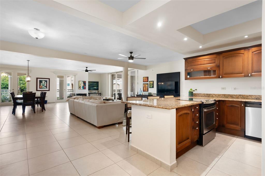 An open-concept kitchen and living area features tile flooring, granite countertops, and dark wood cabinetry — 355 HARBOUR DRIVE UNIT 2C South, HUMACAO, PR