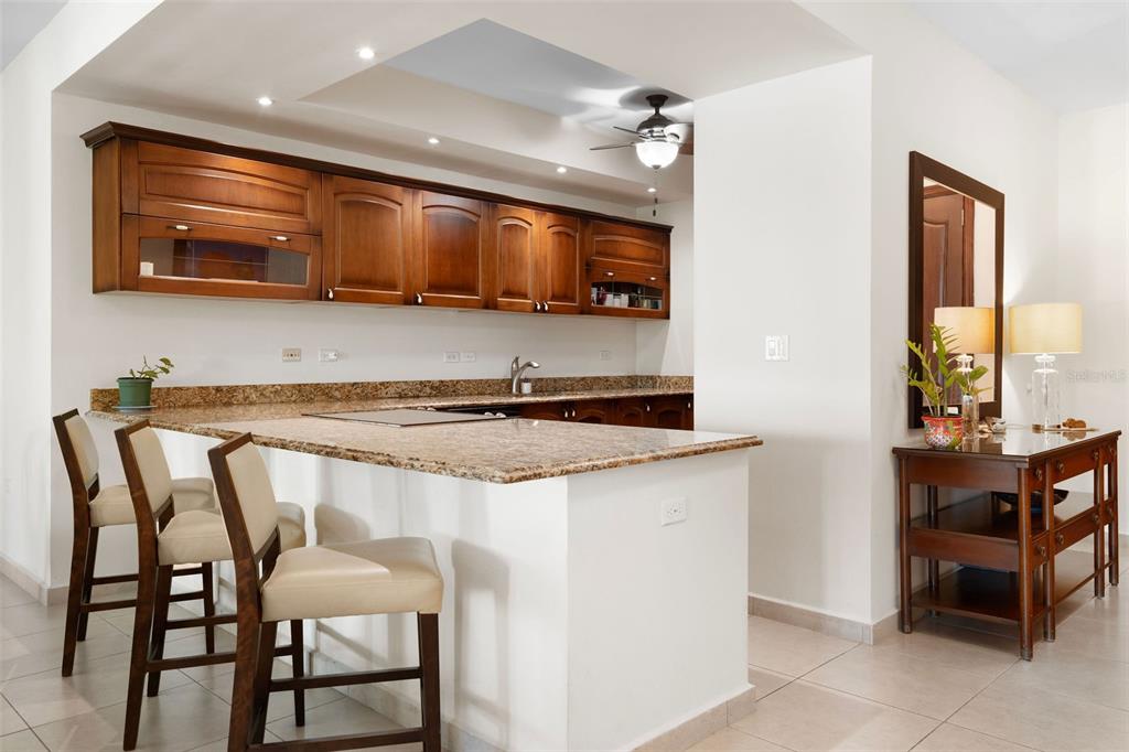 A kitchen with wood cabinets, granite countertops, and a breakfast bar with three stools — 355 HARBOUR DRIVE UNIT 2C South, HUMACAO, PR