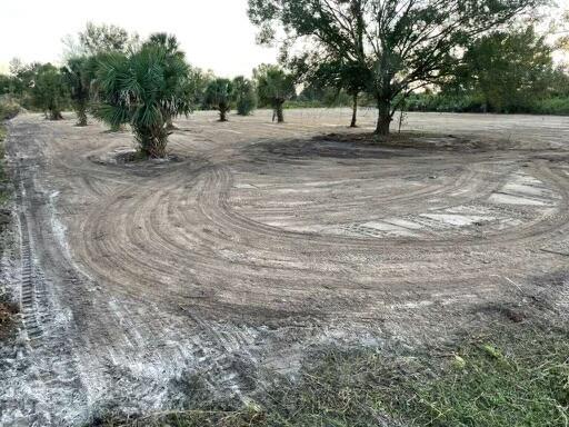 A cleared dirt lot features tire tracks, scattered palm trees, and mature trees in the background — 18516 NW 262nd Street, Okeechobee FL 34972, OKEECHOBEE, FL