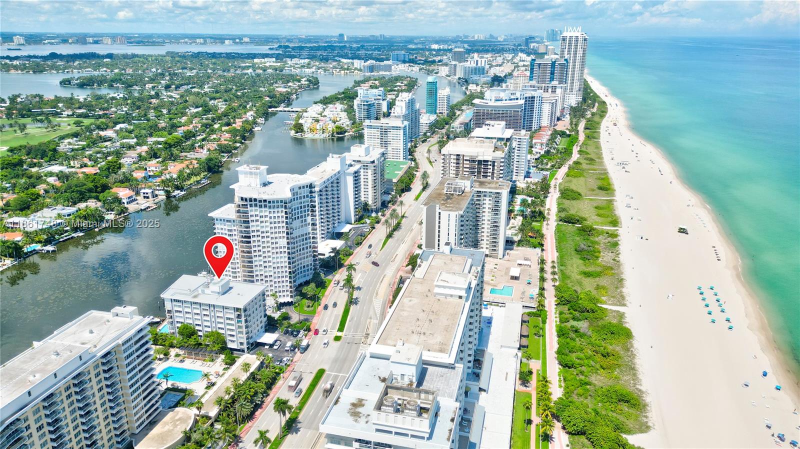 An aerial view shows a multi-story residential building with a red location pin — 5640 Collins Ave # 6B, Miami Beach FL 33140, MIAMI BEACH, FL
