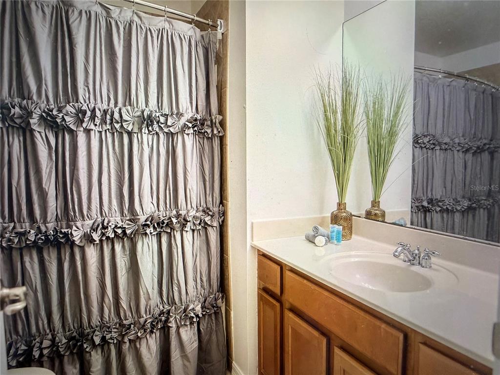 A bathroom features a ruffled gray shower curtain, a wood vanity, and a wall mirror — 9734 TIRAMASU TRAIL, ORLANDO, FL