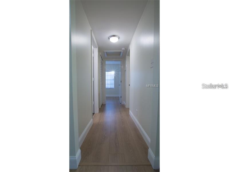 A hallway with light-colored walls, wood-look flooring, and a ceiling light fixture — 908 W OHIO AVENUE, TAMPA, FL