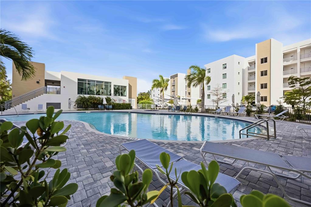 A swimming pool surrounded by lounge chairs and modern apartment buildings under a blue sky — 1703 N TAMIAMI TRAIL UNIT 406, SARASOTA, FL