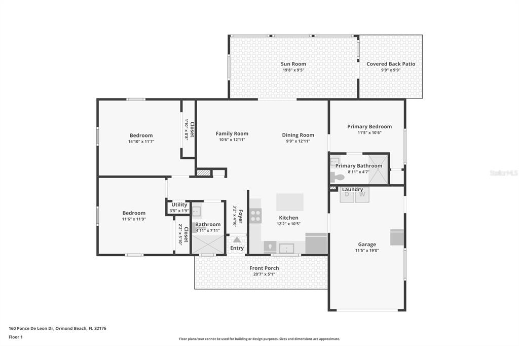This is a floor plan showing the layout of a single-story residential home — 160 PONCE DE LEON DRIVE, ORMOND BEACH, FL