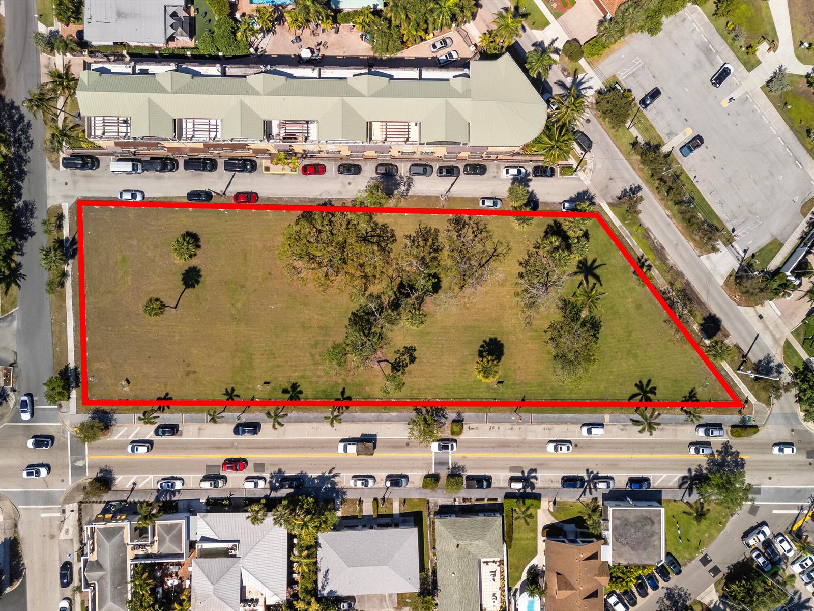 An aerial view shows a large, rectangular vacant lot outlined in red between two streets — 201 E Ocean Avenue, Lantana FL 33462, LANTANA, FL