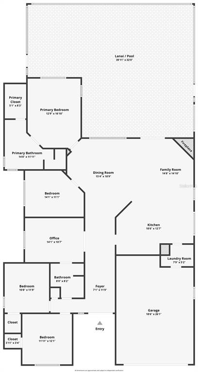 This is a floor plan for a single-story home with a garage, pool, and lanai — 4327 MANFIELD DRIVE, VENICE, FL