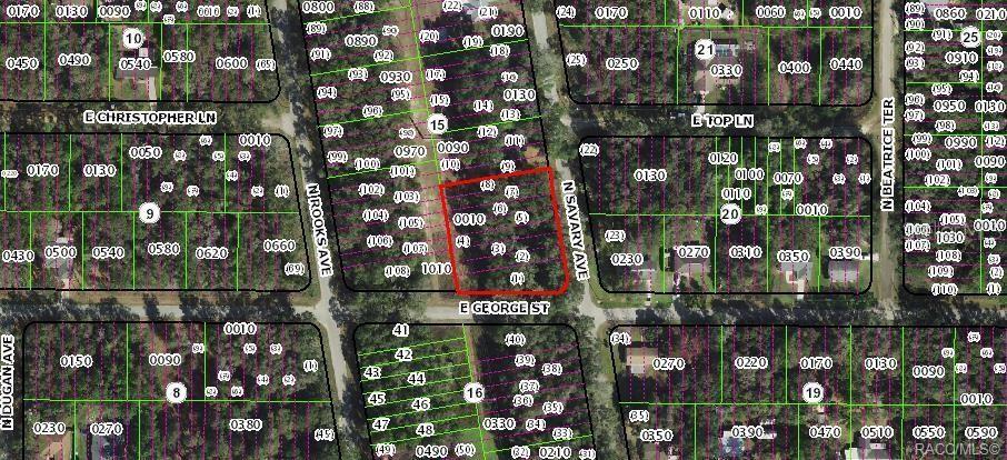 This is a satellite map showing a vacant, rectangular residential lot outlined in red — 874 N SAVARY AVENUE, INVERNESS, FL