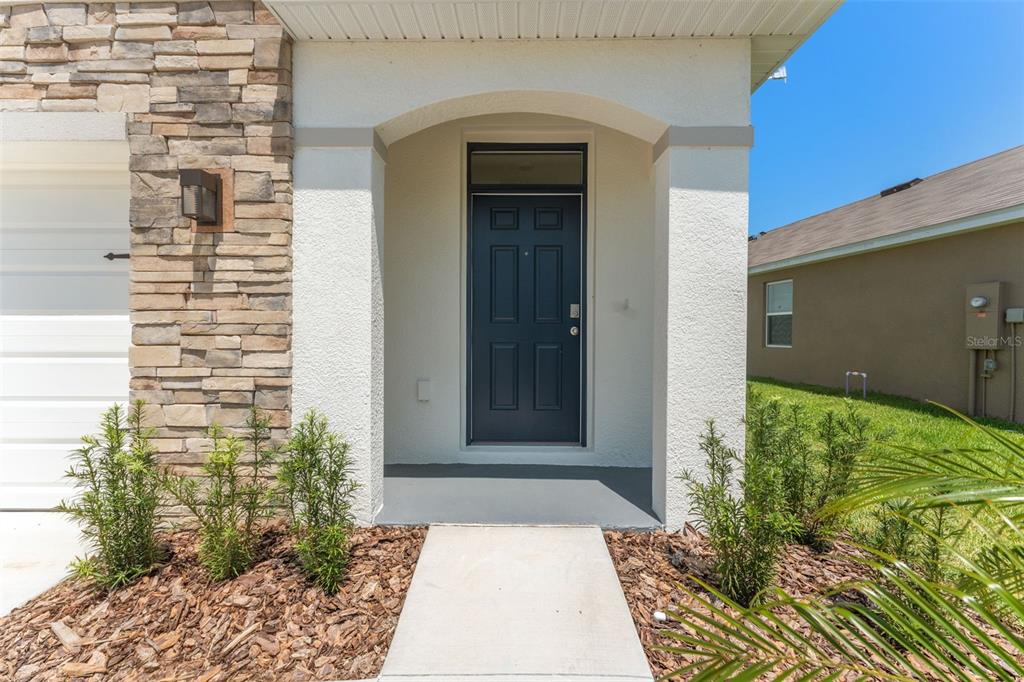 The exterior view shows a dark front door under a covered entryway with stone siding — 7181 BROAD RIVER AVENUE, LAND O LAKES, FL