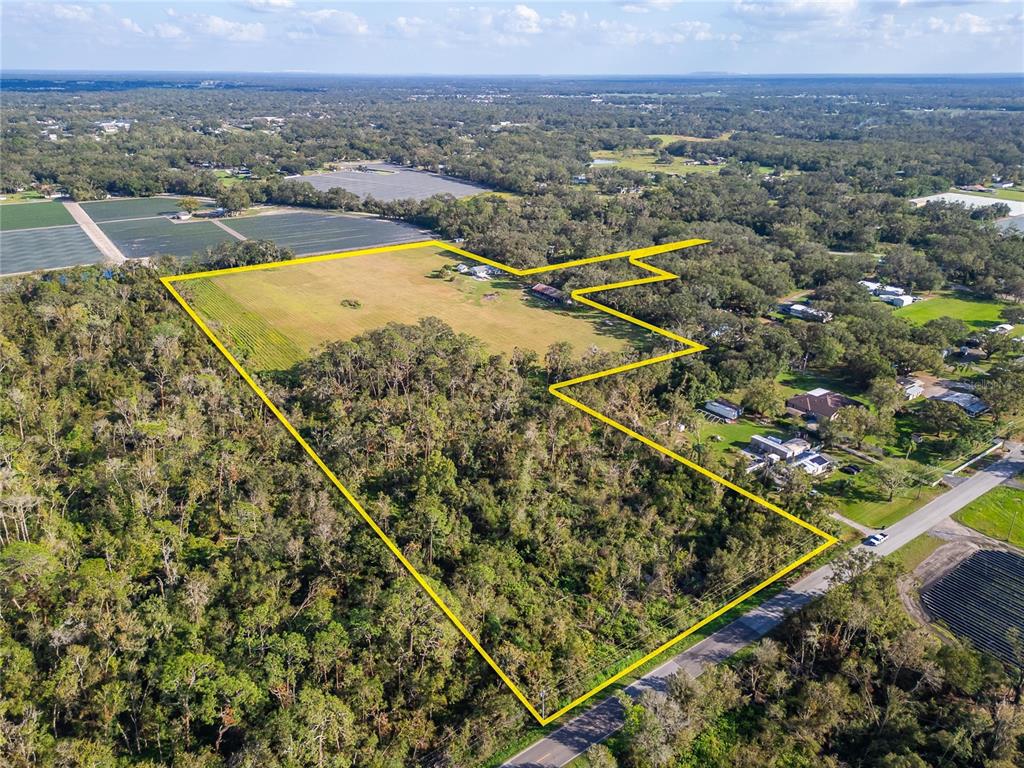 An aerial view shows a large, irregularly shaped plot of land outlined in yellow — 5030 SYDNEY ROAD, PLANT CITY, FL