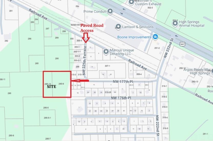 This map shows the location of a property site near NW 225th Terrace and Railroad Avenue — TBD NW 177TH PLACE, HIGH SPRINGS, FL