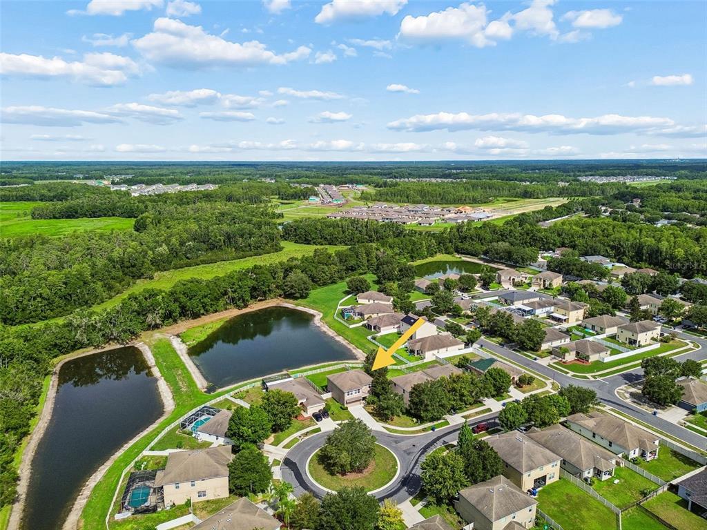 An aerial view shows a suburban house with a yellow arrow pointing to its roof — 9615 REGIMENT COURT, LAND O LAKES, FL