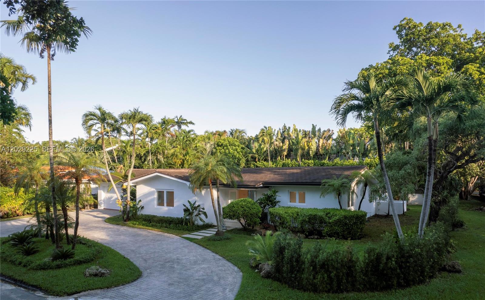 A single-story white house with a curved paver driveway is surrounded by lush tropical landscaping — 145 S Prospect Dr, Coral Gables FL 33133, CORAL GABLES, FL