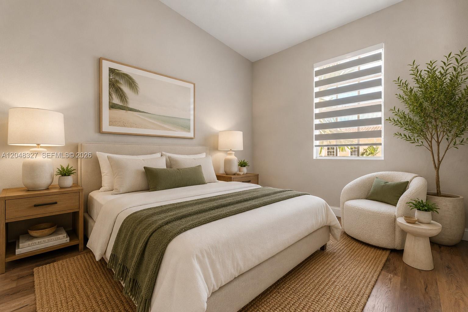 A bedroom features a bed with green accents, two nightstands, and a corner armchair — 4040 NW 11th St, Lauderhill FL 33313, LAUDERHILL, FL