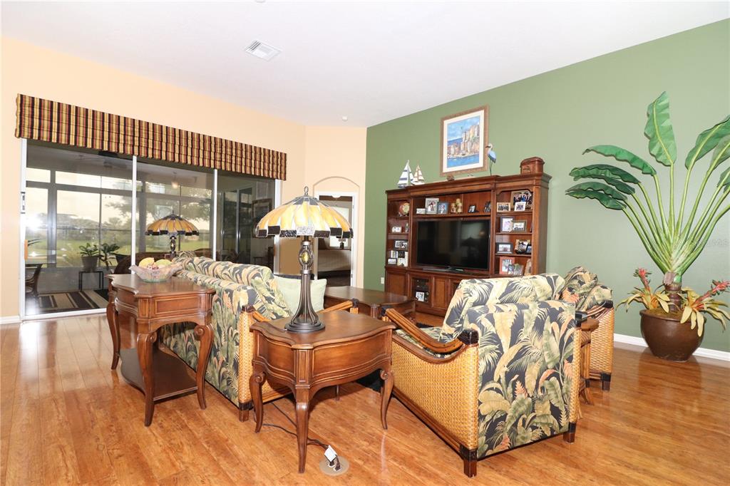 A living room features tropical-print furniture, a wooden entertainment center, and a large potted plant — 27328 PINE STRAW ROAD, LEESBURG, FL