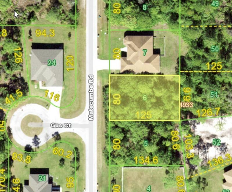 This is a satellite map showing residential lots and property boundaries along a road — 8504 MATECUMBE ROAD, PORT CHARLOTTE, FL