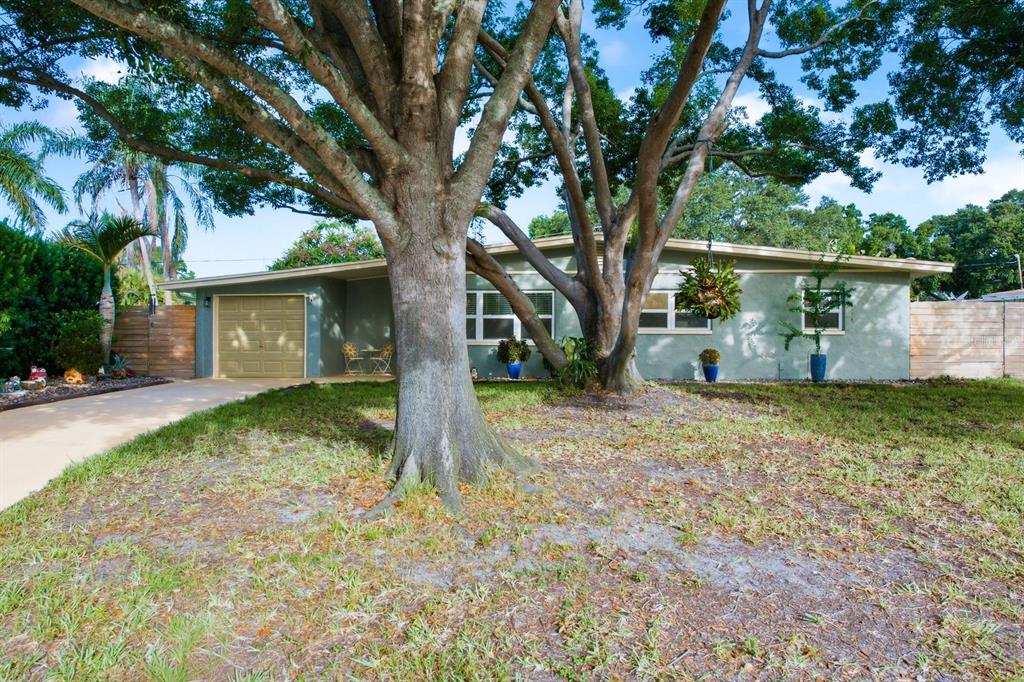 A single-story house with a tan garage and large shade trees in the front yard — 3280 56TH WAY N, ST PETERSBURG, FL