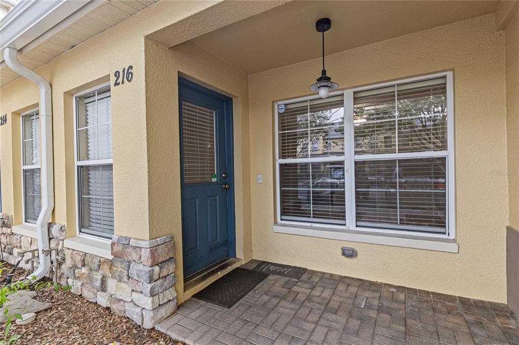 A paved entryway features a blue front door, a hanging light, and stone siding accents — 216 DRAGONS FIRE PLACE, VALRICO, FL