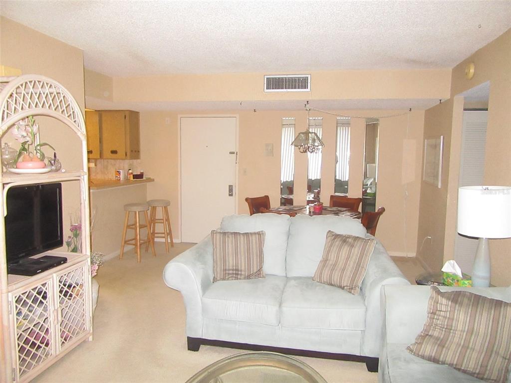 A living room with beige carpet, a light blue sofa, and an adjacent dining area — 3006 CARING WAY UNIT 422, PORT CHARLOTTE, FL
