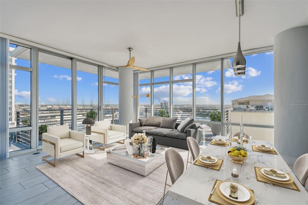 A modern living and dining area with floor-to-ceiling windows and views of the city — 1208 E KENNEDY BOULEVARD UNIT 1115, TAMPA, FL