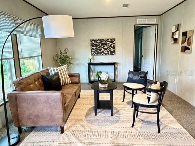 A living room features a brown sofa, a round side table, and a patterned rug — 713 NE 3RD STREET, CHIEFLAND, FL