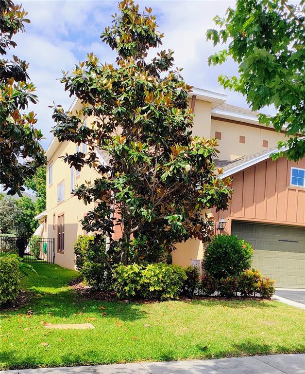 A large magnolia tree stands in the front yard of a two-story tan suburban house — 7508 SEA LILLY COURT, APOLLO BEACH, FL