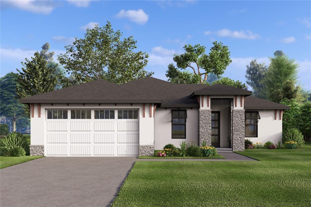 This is a rendering of a single-story house with a white stucco facade and garage — 168 FRINGE TREE, LAKE ALFRED, FL