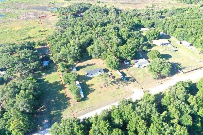 An aerial view shows a house and several outbuildings on a large, partially wooded lot — 31326 TYNDALL ROAD, WESLEY CHAPEL, FL