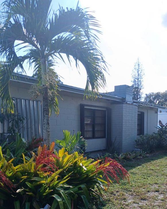 The exterior of a single-story concrete block house features a palm tree and landscaping — 1286 SW TROPICAL TERRACE, STUART, FL