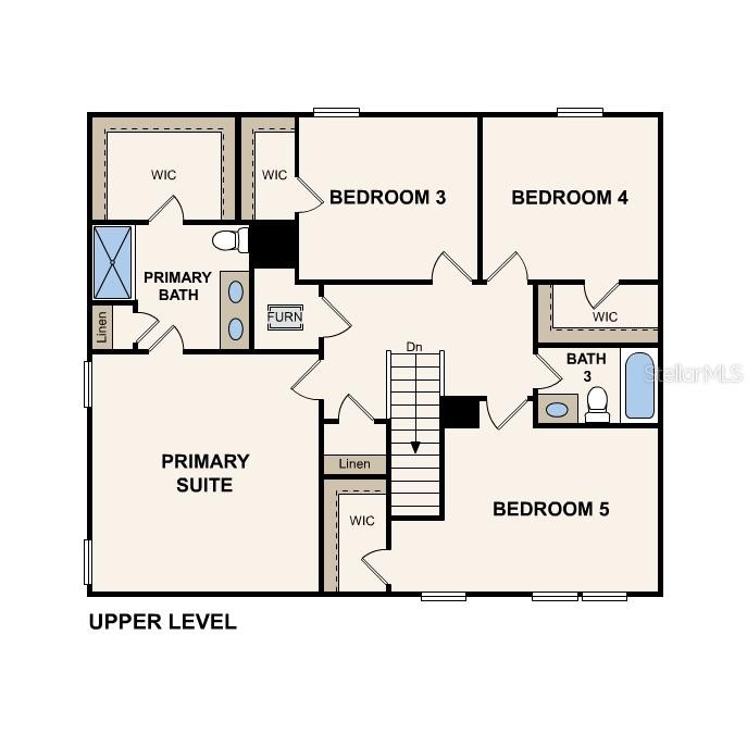 This is a floor plan of an upper level featuring a primary suite and four bedrooms — 14355 NW 163RD PLACE, ALACHUA, FL