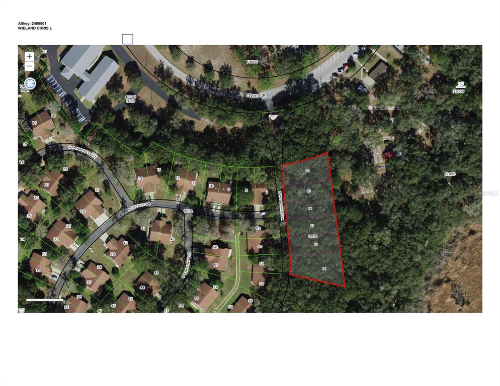 This is a satellite map showing a residential neighborhood with a highlighted vacant lot — 3505 N WOODGATE DRIVE, BEVERLY HILLS, FL