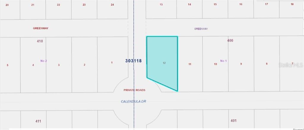 This is a plat map showing a highlighted parcel of land labeled as lot 12 — 624 CALENDULA DRIVE, INDIAN LAKE ESTATES, FL