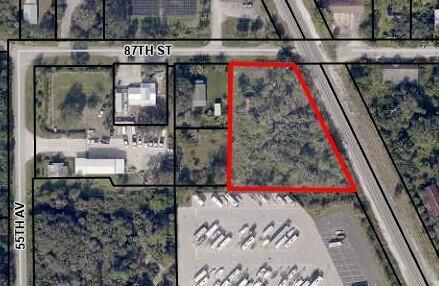 This is an aerial map showing a vacant, irregularly shaped lot outlined in red — 5399 87th Street, Sebastian FL 32958, SEBASTIAN, FL