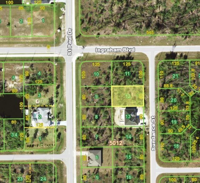 This is a property map showing a highlighted vacant lot among other residential parcels — 9417 SUNDANCE STREET, PORT CHARLOTTE, FL