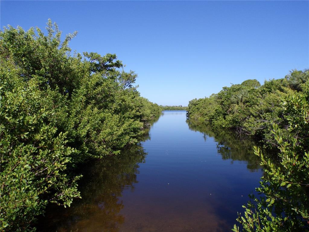 A narrow, calm waterway flows between dense green mangrove trees under a clear blue sky — 13384 ALEWIFE LANE, PLACIDA, FL