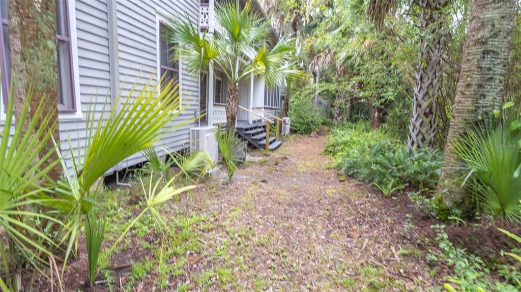 A side view of a gray-sided house with a wooden staircase and surrounding palm trees — 200 PARK STREET, MELROSE, FL