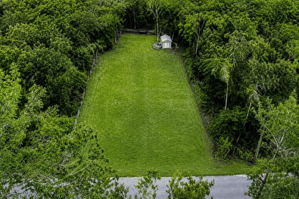 An aerial view shows a rectangular grassy lot bordered by trees with a small shed — 33469 AUGUST AVENUE, WEBSTER, FL