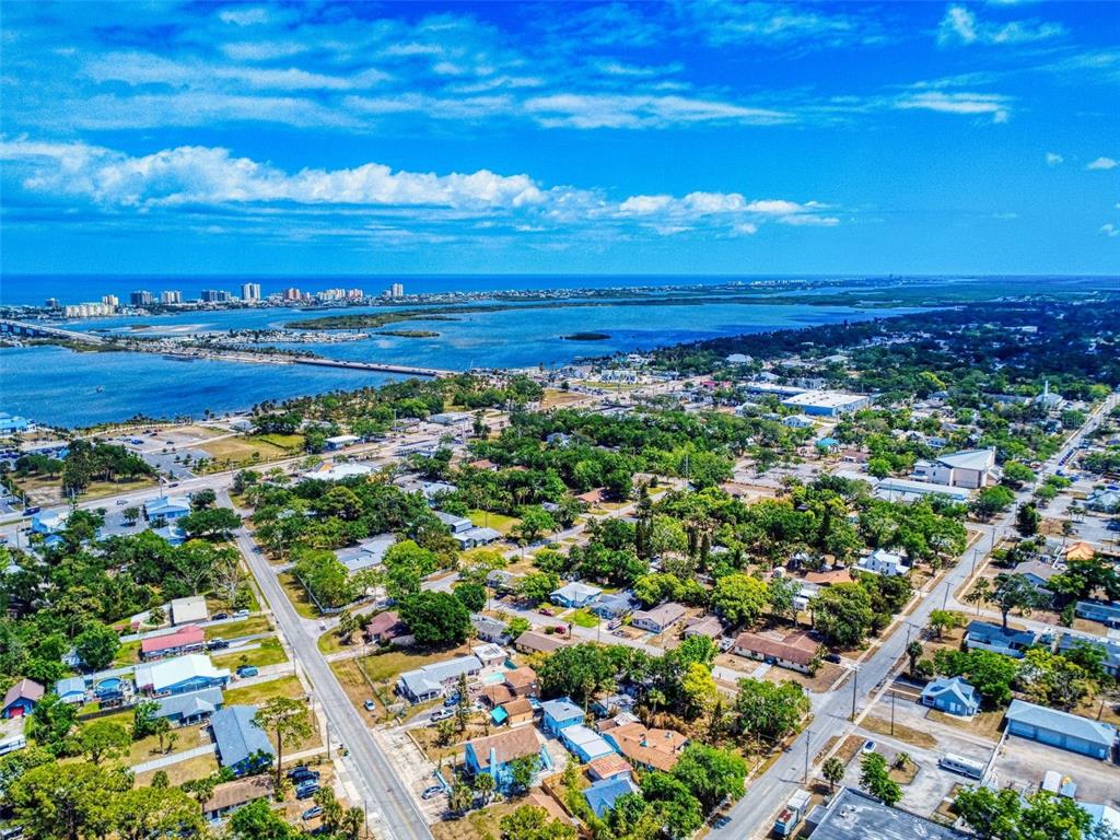 An aerial view shows a coastal neighborhood with houses, trees, and a bridge over water — 310 LEGION PLACE, PORT ORANGE, FL