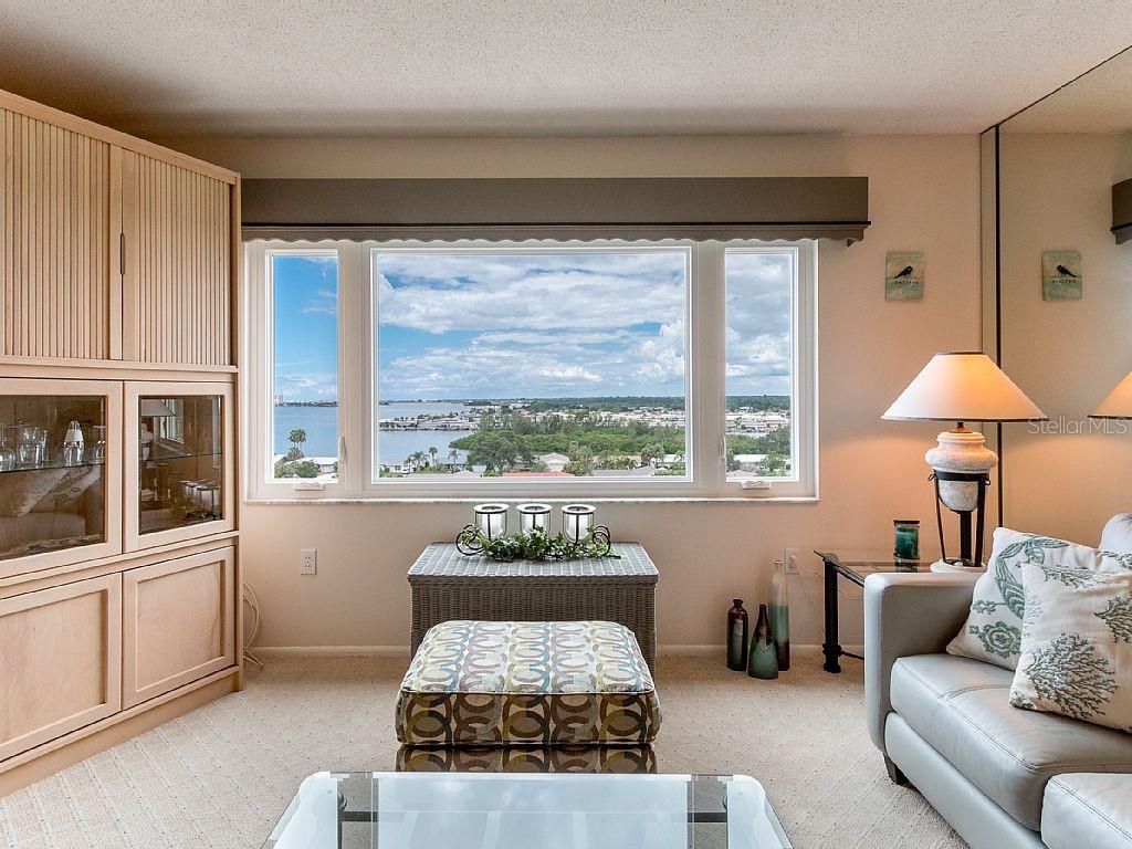 A living room features a large window with a water view, a cabinet, and seating — 4725 COVE CIRCLE UNIT 906, ST PETERSBURG, FL