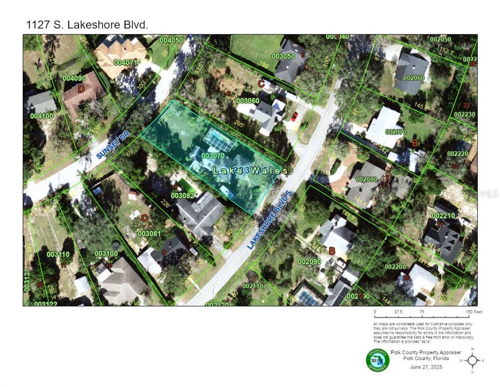 This is a property tax map showing parcel boundaries and lot dimensions in a residential area — 1127 S LAKESHORE BOULEVARD, LAKE WALES, FL