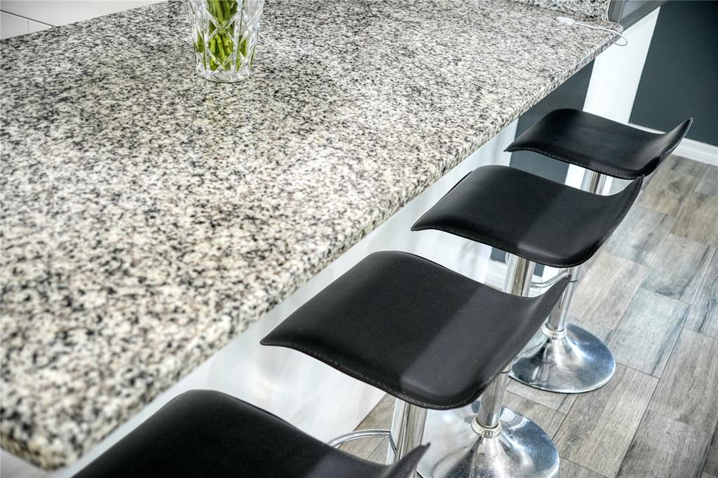 A granite kitchen island countertop with three black bar stools on a wood-look floor — 3260 36TH AVENUE N, ST PETERSBURG, FL