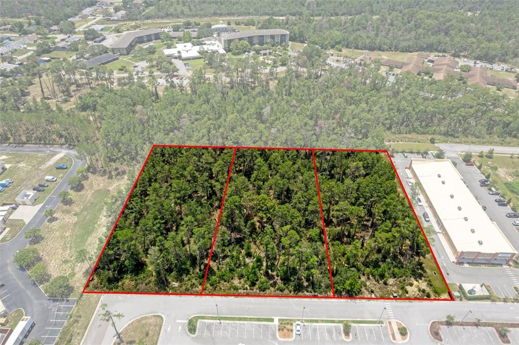 An aerial view shows three adjacent wooded lots outlined in red near a parking lot — 00 SAGHEER STREET, BROOKSVILLE, FL