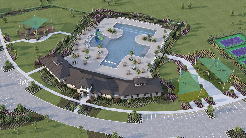 This is a 3D rendering of a community clubhouse featuring a pool, playground, and tennis courts — 9545 NATURAL OAK POINT, DADE CITY, FL