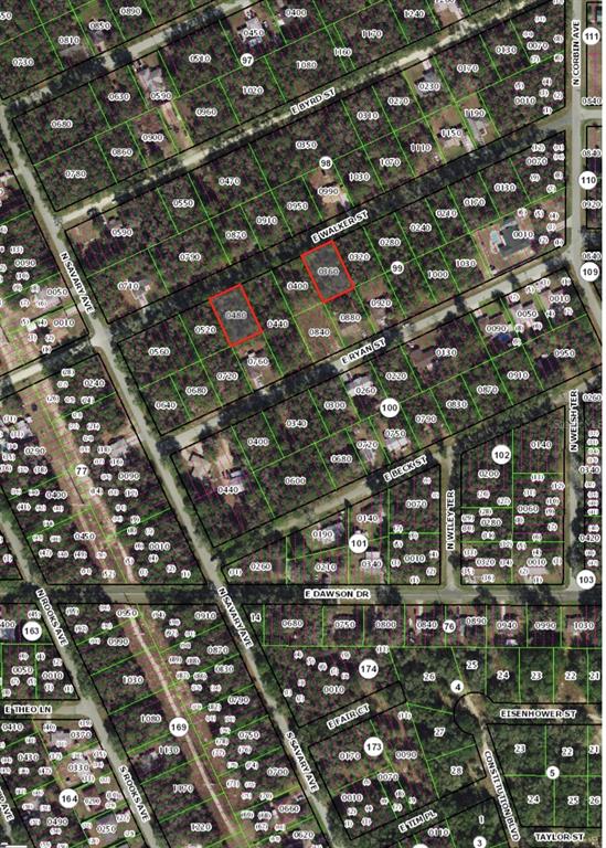 This is a satellite map showing residential land parcels and street layouts in a neighborhood — 3676 & 3718 E WALKER STREET, INVERNESS, FL
