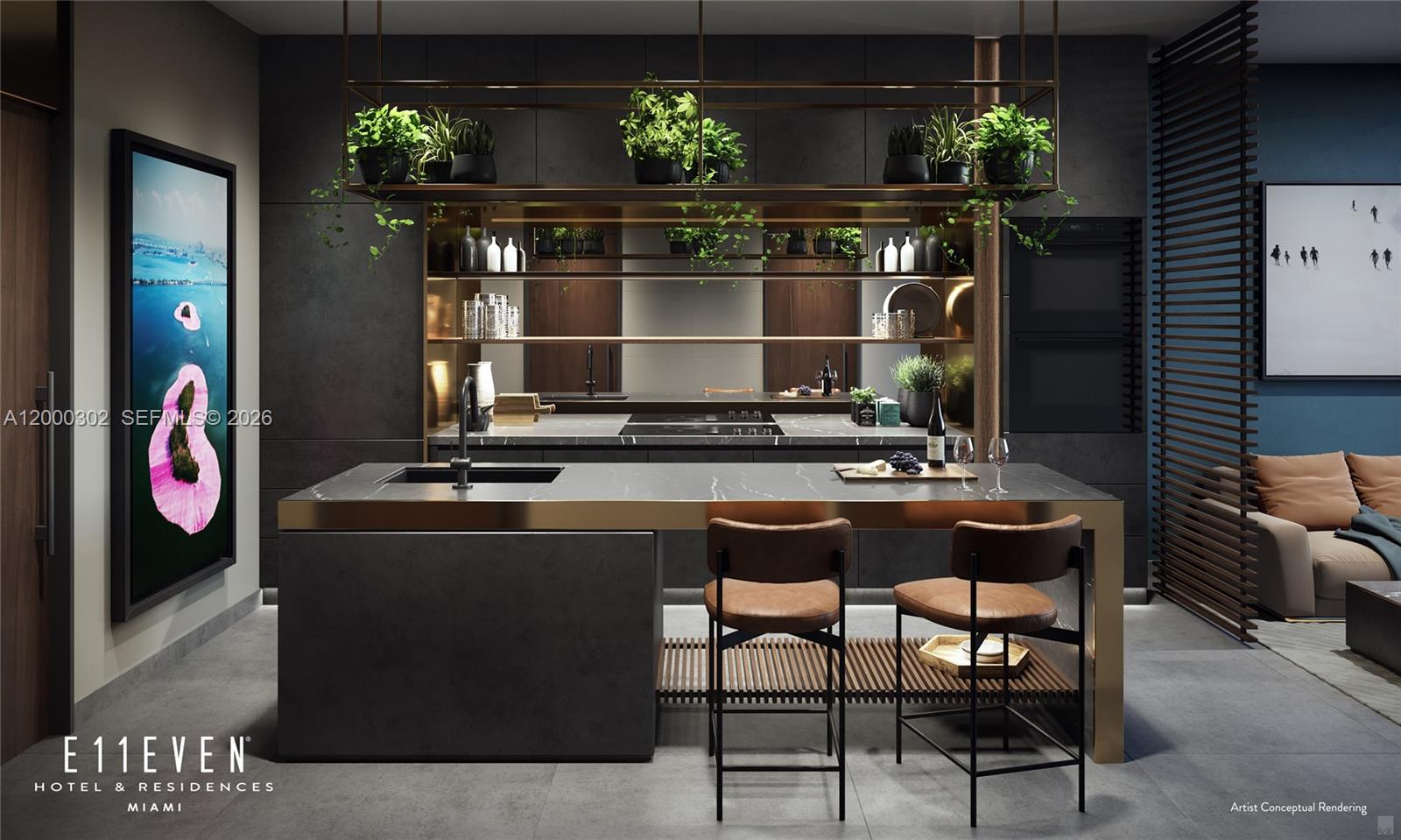 A modern kitchen features dark cabinetry, stainless steel appliances, and light wood flooring — 20 NE 11th St # 4403, Miami FL 33132, MIAMI, FL